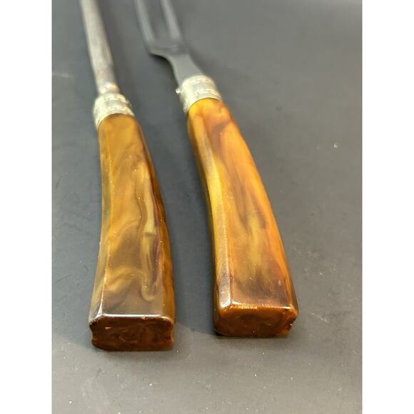 Meat Fork and Sharpener Bakelite Vintage MCM Handle Stainless Steel Greek Key - Picture 3 of 9